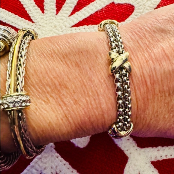 Two Tone 14K Gold Criss Cross Mesh Magnetic Closure Bracelet - Picture 3 of 5